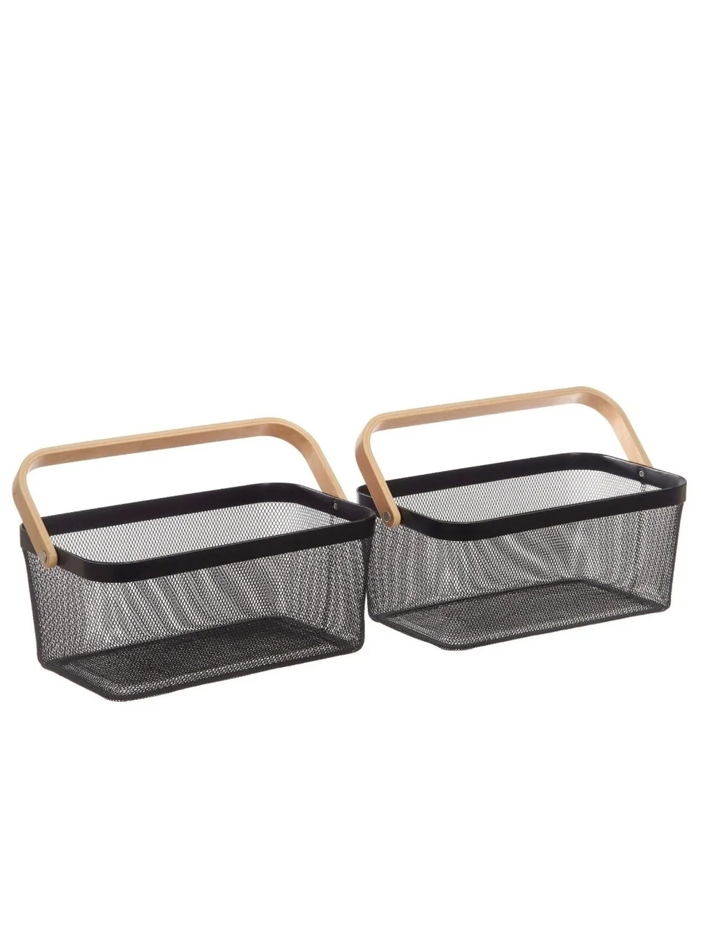 Edifice Black Mesh Wire Storage Baskets Wooden Handle 2 Pack
